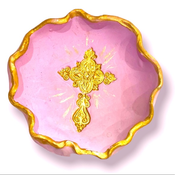 Gold Cross Handmade Pottery Jewelry Dish Communion Easter - Picture 3 of 7